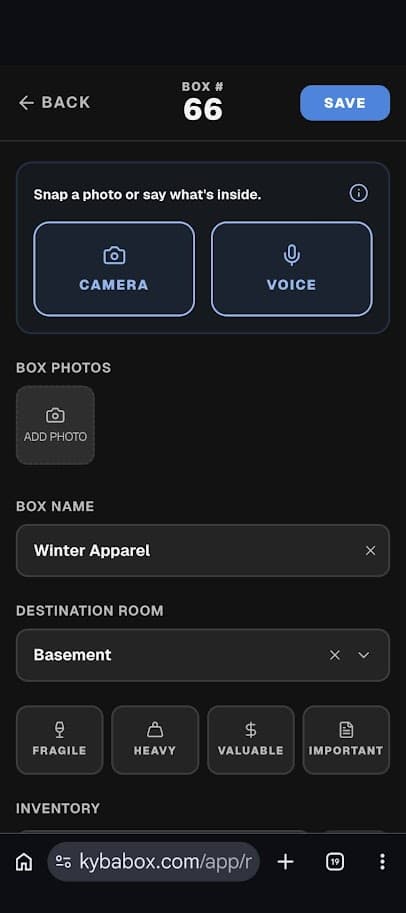 KybaBox New Box page.