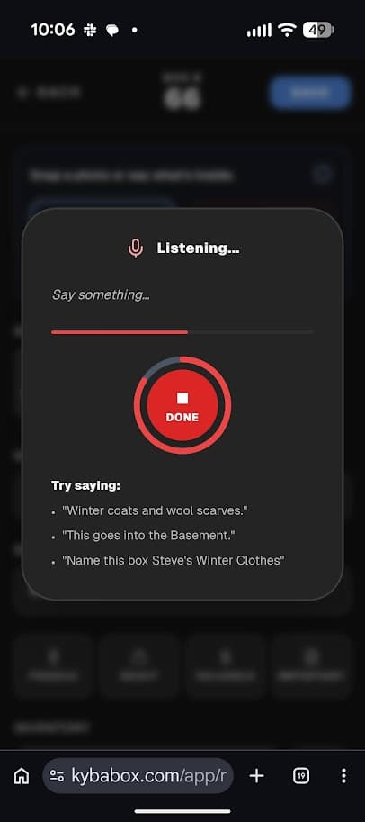 KybaBox voice AI "listening" page.