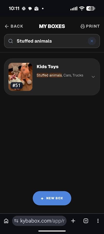 KybaBox My Boxes page search.