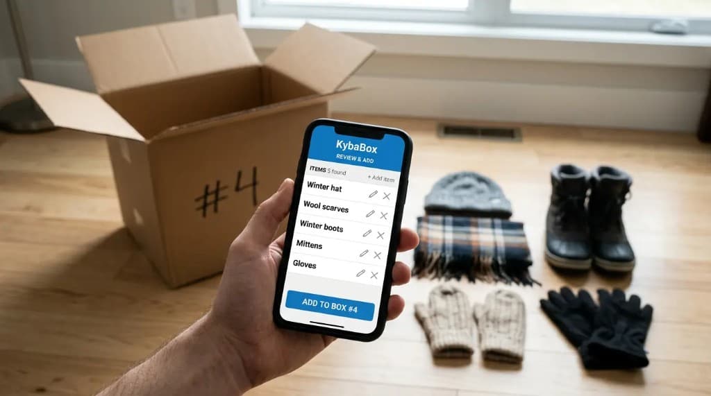 Hand holding a phone showing KybaBox Review & Add with a list of winter items, beside an open cardboard box marked #4 and the same items laid out on a hardwood floor
